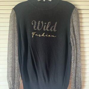 Foley + Corinna Black Sweater with Leopard Print Sleeves and Gold Script